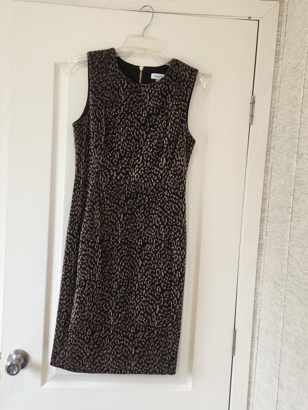 Calvin Klein Black and Gold Leopard-Print Midi Sheath Dress 8 Euc